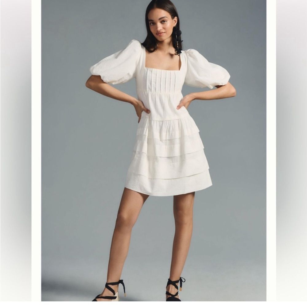 NEW Anthropologie Square-Neck Puff-Sleeve Tiered Dress